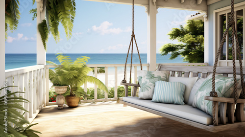 A porch with a swing chair and pillows on the front of beach