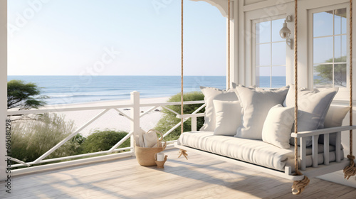A porch with a swing chair and pillows on the front of beach photo