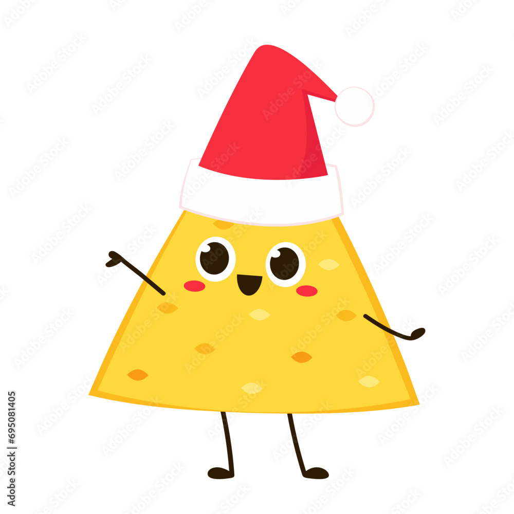 Nacho character design. Nachos on white background. Nacho cartoon in Santa Claus hat. Nacho character design. Nachos on white background. Nacho cartoon in Santa Claus hat.