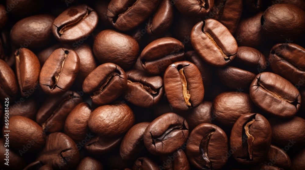 Fototapeta premium Coffee beans close-up. Texture of saturated coffee beans