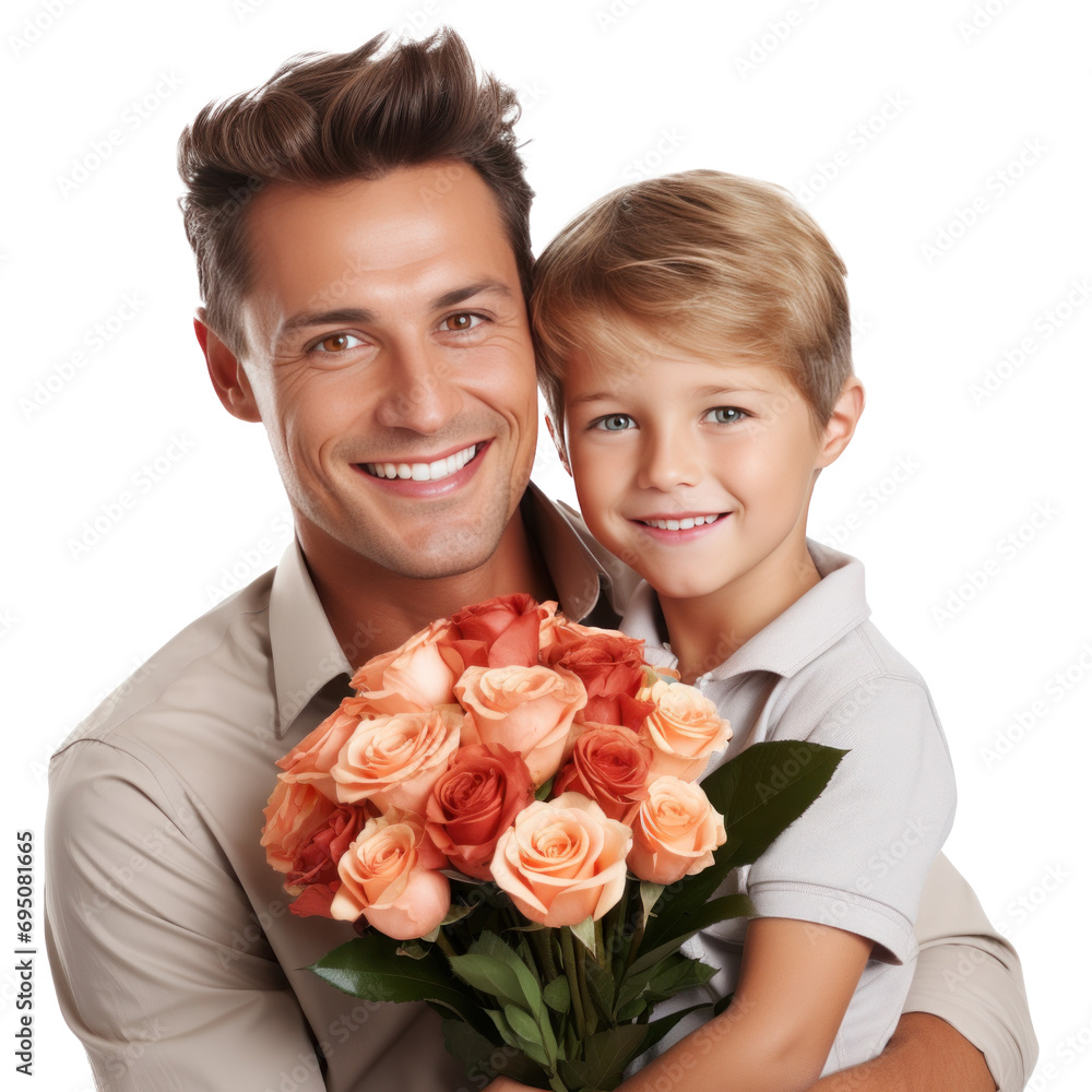 boy and father with flowers bouquet isolated boy and father with flowers bouquet isolated