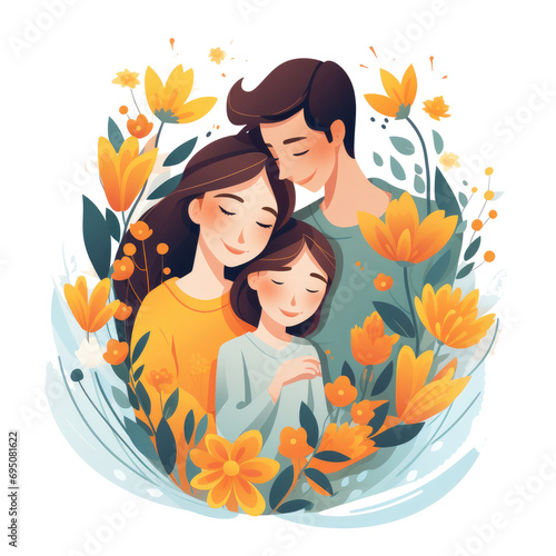 others hugging their daughters or sons on floral backgrounds