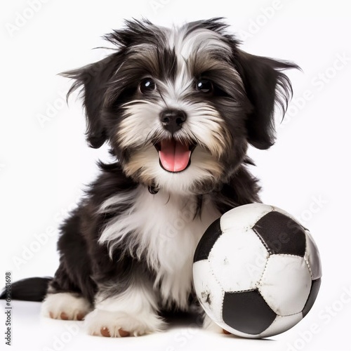 Cute happy havanese puppy dog ​​playing with soccer ball toy and looking at camera isolated on white background, AI generator photo