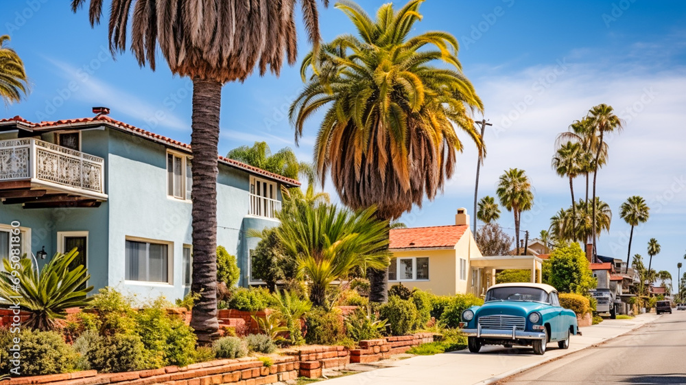 A picturesque street in a quaint California town featuring charming houses with a classic retro car adding a nostalgic touch to the scene. AI-generated image - obrazy, fototapety, plakaty 
