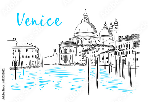 Silhouette of the skyline and architecture of Venice with a gondola on the water. Vector hand drawn illustration