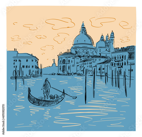Silhouette of the skyline and architecture of Venice with a gondola on the water. Vector hand drawn illustration