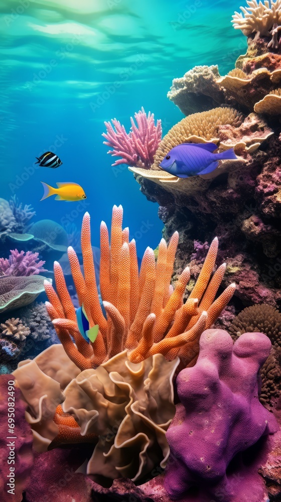 Beautiful underwater coral reefs with fish. Exotic coral reef