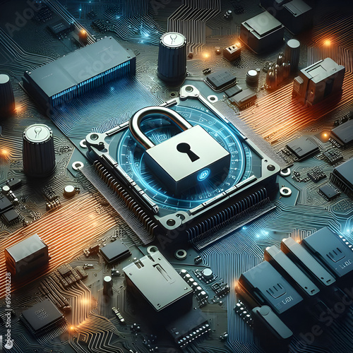 secure connection or cybersecurity service concept of compute motherboard closeup and lock with login and connecting verified credentials as wide banner design with copyspace area.
