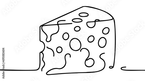 Piece of cheese with holes in one line drawing style. Dairy, milk products. Hand drawn vector illustration