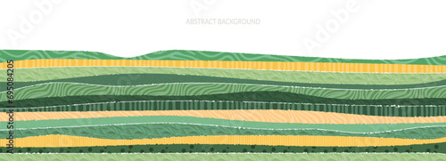 Abstract agricultural field landscape banner background. Nature, ecology, organic, environment vector illustration. Web banner or template of clean green environment. Countryside with colorful texture