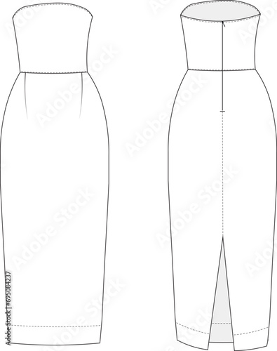 strapless sleeveless midi long maxi dress with slit gowm template technical drawing flat sketch cad mockup fashion design model style 