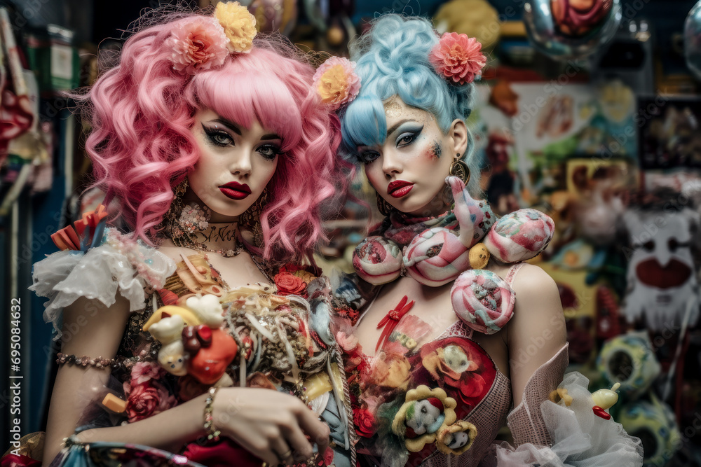 Naklejka premium Carnival 2024 Women Colorfully Dressed Up on the Street Wallpaper Cover Poster Background Digital Art