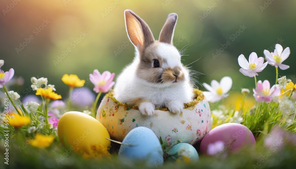 Osterhase sitzt im halben Osterei im Hintergrund eine grüne Wiese im Frühling Osterhase sitzt im halben Osterei im Hintergrund eine grüne Wiese im Frühling