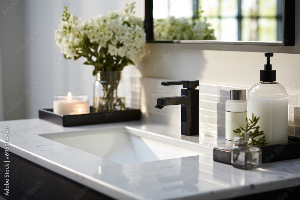 Fototapeta premium a bathroom with a white bathroom sink, soap dispenser, and mirror