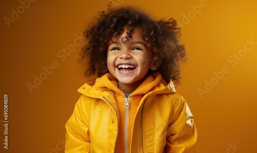 a child is in a yellow jacket and is smiling