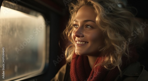 a blond girl smiles out of a window as she boarded a train © olegganko