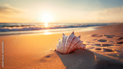 A seashell on a sandy beach with the sun shining in morning