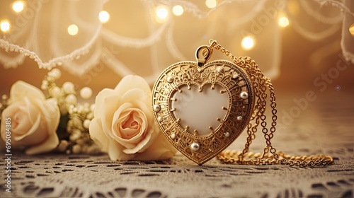 A picturesque scene with a golden heart-shaped locket placed on a vintage lace doily. 