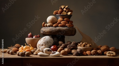  a pile of assorted nuts sitting on top of a table next to a bowl of fruit and a bowl of nuts.