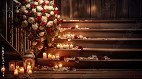 A romantic scene with a heart-shaped bouquet of red and white roses gently scattered on a rustic, wooden staircase. 