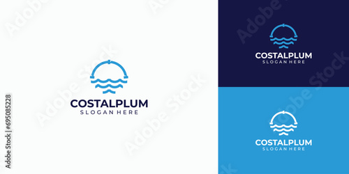 Wave and pipe logo design as the sun, can be used for a plumbing logo.