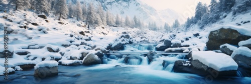 River on majestic mountains in winter