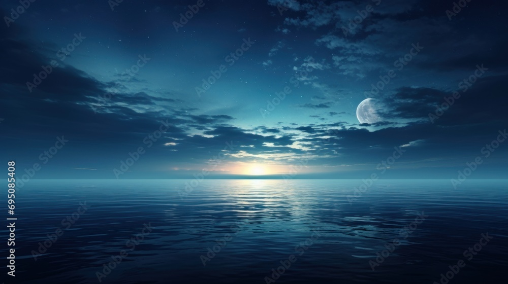  a large body of water with a full moon in the sky and a few clouds in the sky above it.