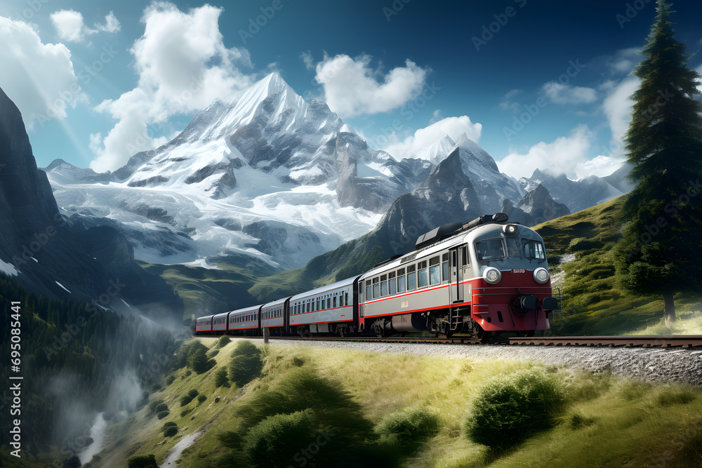 Obraz premium Train driving in the Mountain, illustration, swiss train, train track, mountain train, historic train