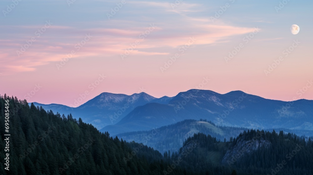 Fototapeta premium Pastel glow over forested mountains