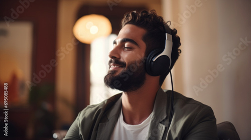 A man with a beard and headphones listening to music. Generative AI. photo