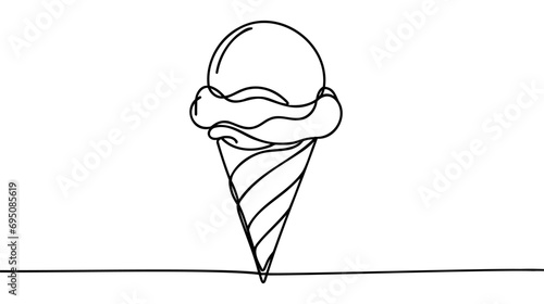 Soft serve ice cream in waffle cone in continuous line art drawing style. Black line sketch on white background.