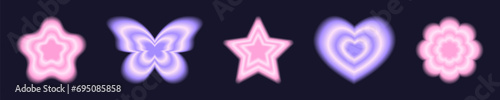 Set of trendy aesthetic y2k stickers with gradient aura effect. Pink and purple flower, butterfly, star, heart shapes in holographic blurry 90s style isolated on dark background. Vector illustration