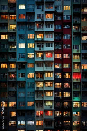 A building with many windows lit up at night. Generative AI.