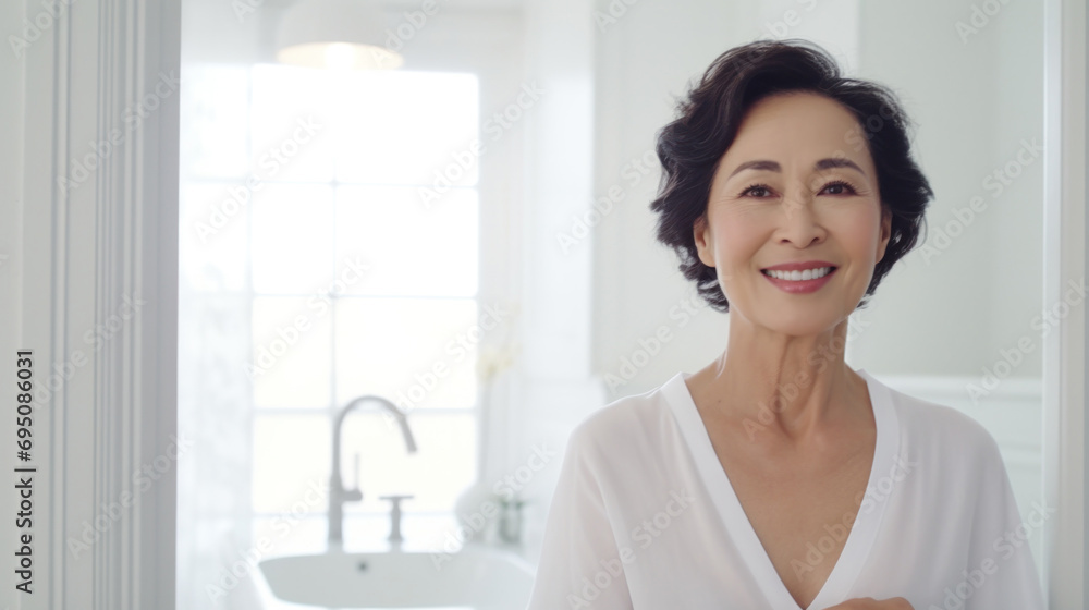 Beautiful, radiant 60-year-old Asian woman, exuding elegance and vitality with her wide smile, standing in white blouse against the background of a white bathroom and big windows with copy space Beautiful, radiant 60-year-old Asian woman, exuding elegance and vitality with her wide smile, standing in white blouse against the background of a white bathroom and big windows with copy space