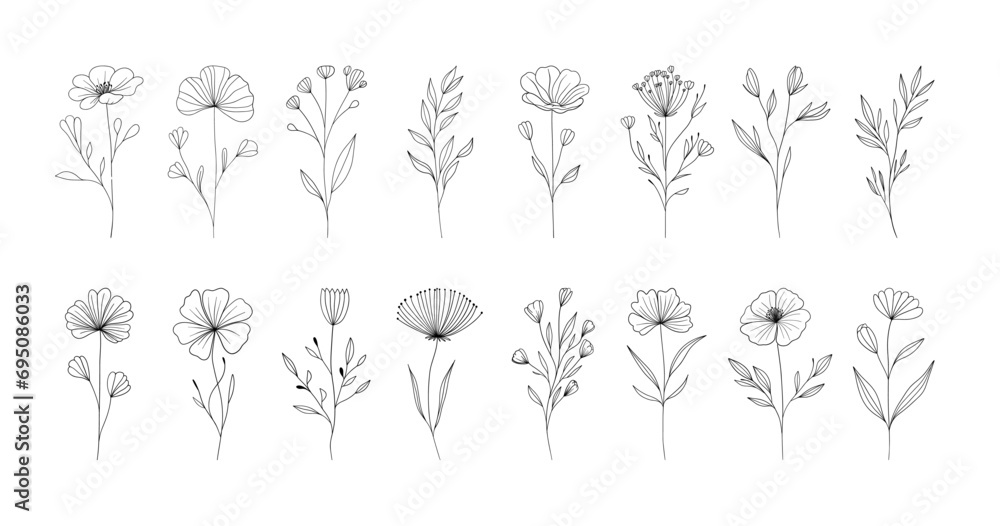 Fototapeta premium Minimalist linear flowers. Doodle elegant floral elements, nature botanical leaves branches, fine line tattoo sketch. Vector set