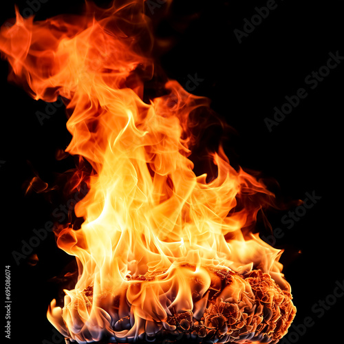 Fire flames isolated on black background. Realistic fire flames texture.