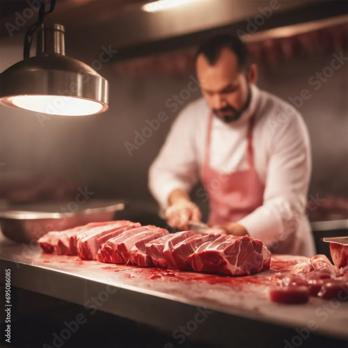 Butcher cutting meat in butchery shop, generative ai illustration