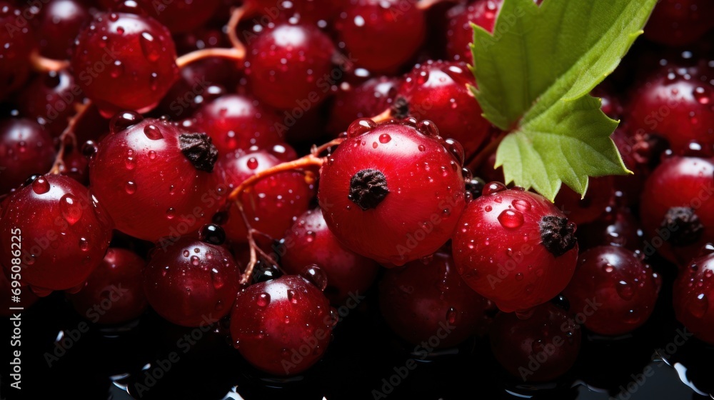 a close up of a bunch of cherries with drops of water on them and a green leaf on top. a close up of a bunch of cherries with drops of water on them and a green leaf on top.