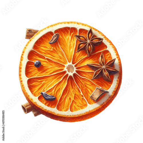 Christmas decor, dried orange slices and cinnamon watercolor for greeting card design on white background