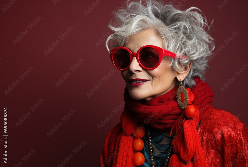 a grandmother with grey hair wearing red sunglasses a grandmother with grey hair wearing red sunglasses