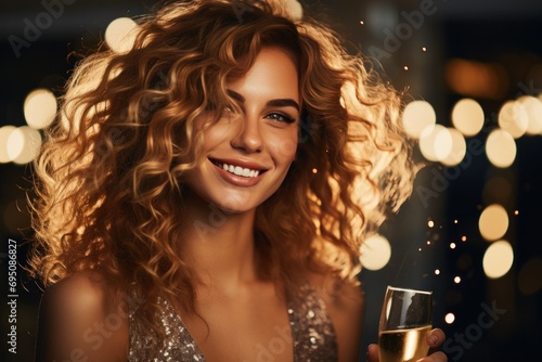 a girl with blond curls pours champagne