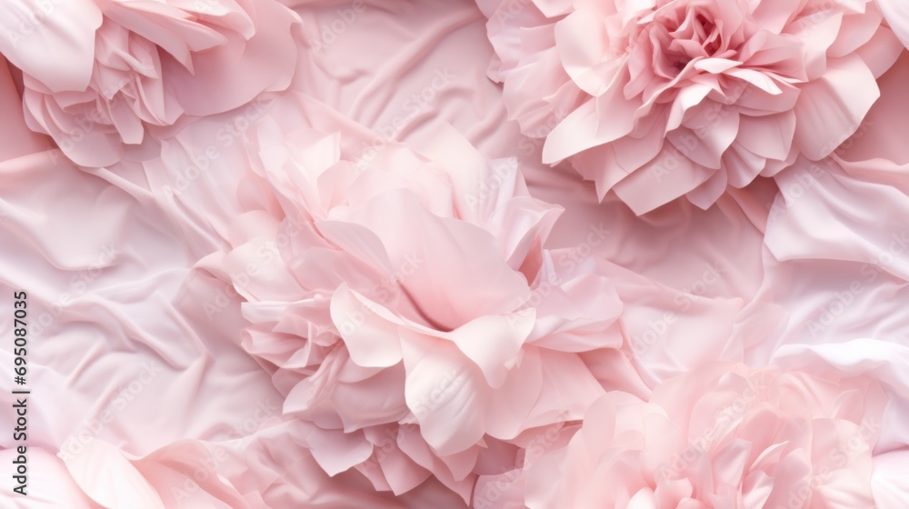  a bunch of pink flowers that are on top of a sheet of pink tissue paper with pink flowers on top of it.
