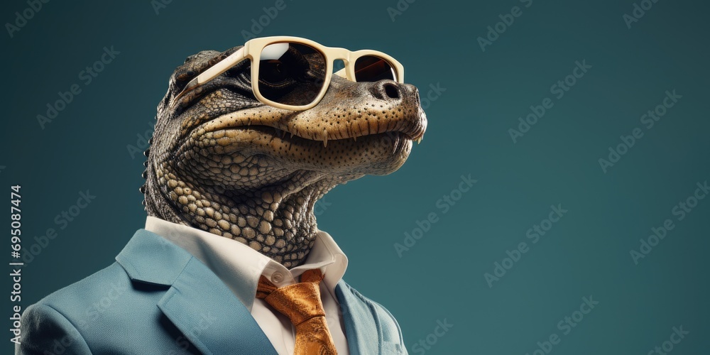 Stylish alligator in a business suit on a blue background. Generative AI Stylish alligator in a business suit on a blue background. Generative AI