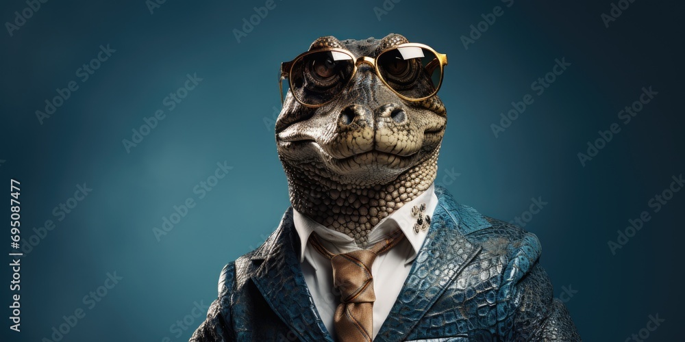 Stylish alligator in a business suit on a blue background. Generative AI - obrazy, fototapety, plakaty 