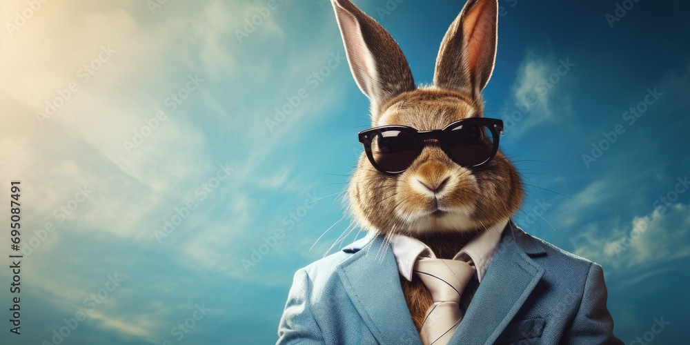 Stylish and cool hare or rabbit in a business suit on a blue background.  - obrazy, fototapety, plakaty 