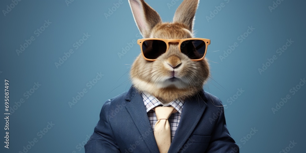 Stylish and cool psychic bunny in a business suit on a blue background. Easter theme, place for text. Stylish and cool psychic bunny in a business suit on a blue background. Easter theme, place for text.