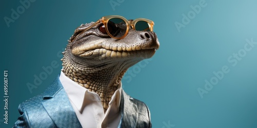 Stylish alligator in a business suit on a blue background. Generative AI photo