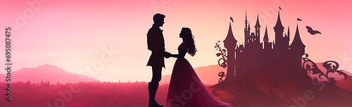 Silhouette of prince giving roses to princess on pink background photo