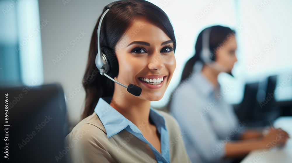 a happy, smiling woman as she efficiently works in a call center, creating a vibrant and dynamic professional atmosphere. Generative AI. a happy, smiling woman as she efficiently works in a call center, creating a vibrant and dynamic professional atmosphere. Generative AI.