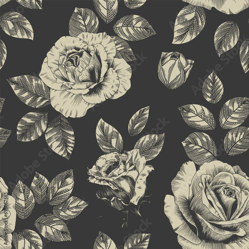 Abstract modern floral seamless pattern with hand drawn flower in Toile de jouy style. Retro elegance repeat print. Vintage design for fabric, wallpaper or wrapping